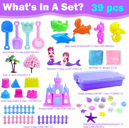 Mermaid Sensory Bin,Play Sand Art Sand Play Set Fine Motor Skills Montessori Sand Toys with 2.2 lbs Sand & Castle Molds & Sand Shovel Tools,Ocean Theme Educational Toys for Aged 3-8 Girls