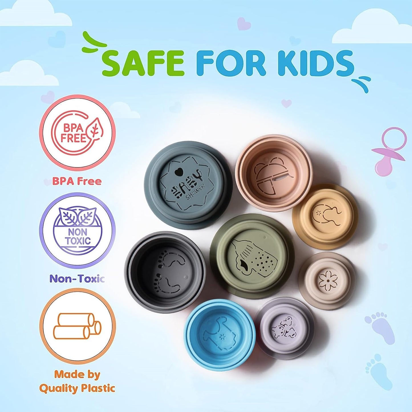 ZYFLSQ Stacking Cups Baby Toy, Nesting Cups 8 Pcs with Pattern for Kid Baby 6 Months and Up Montessori Bath Toys