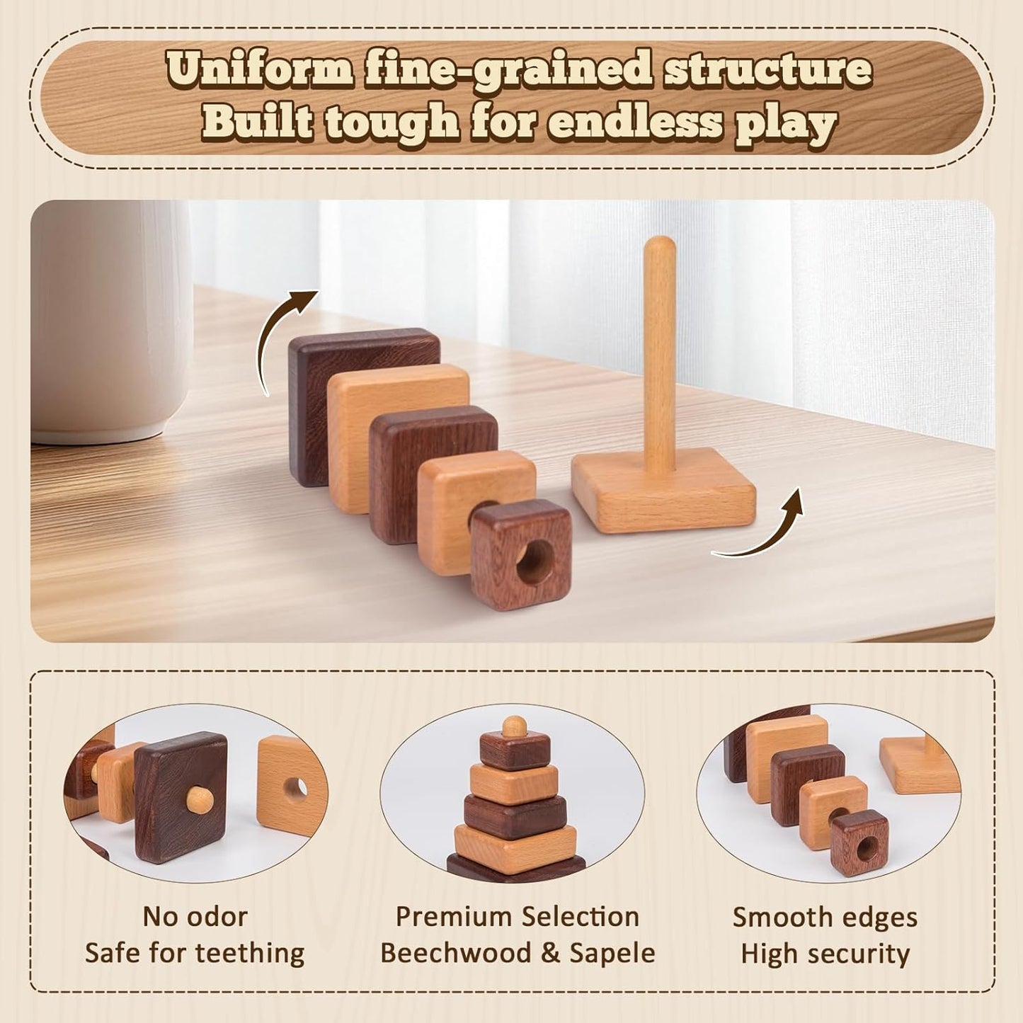 Adena Montessori Ring Wooden Stacking Toy,Montessori Geometric Stacker Wooden Educational Toy,Baby and Toddler Ages 12+ Months Shape Sorter and Stacking Toy, Stacking Tower Toy for Babies(Circle)