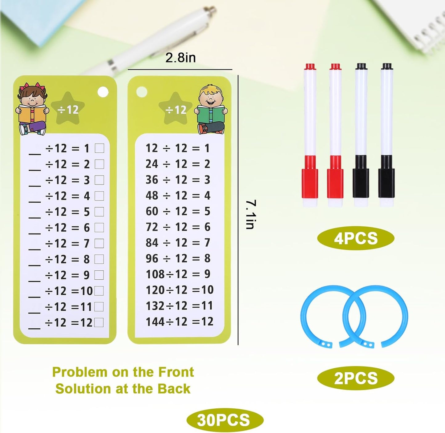 30 Pcs Addition and Subtraction Flash Cards, Math Flash Cards for 1st to 3rd Grades, Math Games Times Table Flashcards with 4 Dry Erase Pens 2 Rings for Learning