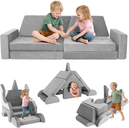 Tangram Puzzles modular kids play couch building fort, Children explorer sofa with Ball Pit, Kids playroom convertible furniture for Inspiring Child Creativity, Made entirely of sponge (Blue Series)