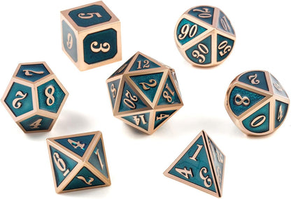 DnDnD Heavy Polyhedral Metal Dice Set with Metal Box, 7-die Shiny Blue Surface with Golden Number for RPG,Dungeons and Dragons,Pathfinder,Shadowrun,D&D,Role Palying Game and Math Teaching - Colors B