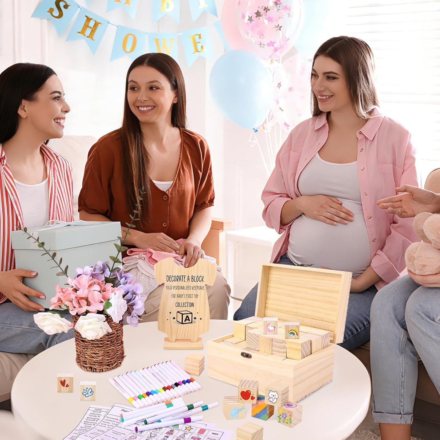 79 PCS Baby Shower Game Kit, Fun Baby Shower Blocks Decorating Game Includes 52 Wooden Blocks, 24 Markers, 1 Game Sign, 1 Storage Box and 1 Pattern Guide, Suitable for Boys and Girls, Natural Wood