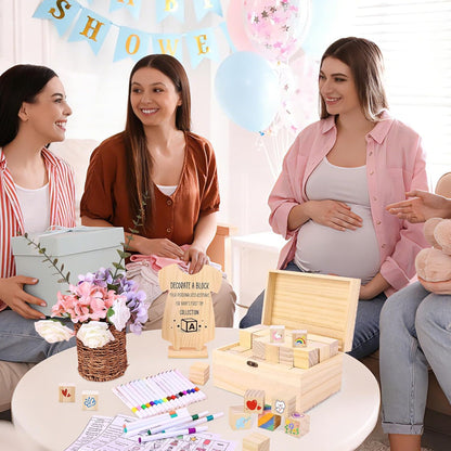 79 PCS Baby Shower Game Kit, Fun Baby Shower Blocks Decorating Game Includes 52 Wooden Blocks, 24 Markers, 1 Game Sign, 1 Storage Box and 1 Pattern Guide, Suitable for Boys and Girls, Natural Wood