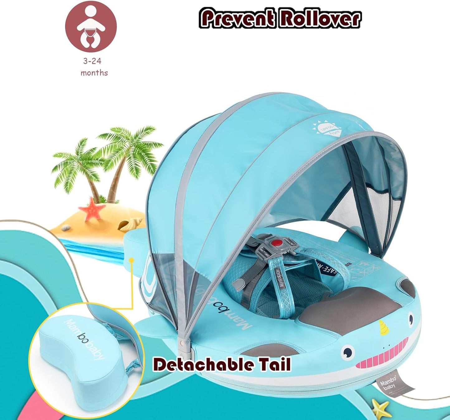 Baby Pool Float with UPF50+ 3D Adjustable Canopy, Add Tail Mambobaby Float Non Inflatable Infant Floats for Pool, Cartoon Narwhal Baby Floats (NPink with Canopy-U05NPCTLUROHML01U05)
