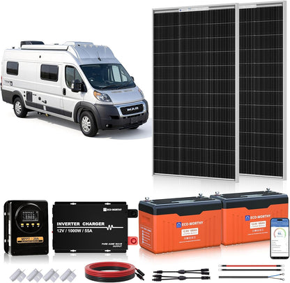ECO WORTHY 12V 200W Solar Panel kit with Battery and Inverter for RV Off Grid:2PCS 100W Solar Panel,2PCS 12V 100Ah Lithium Battery with SOC Display,1000W Inverter,20A MPPT Controller with Bluetooth