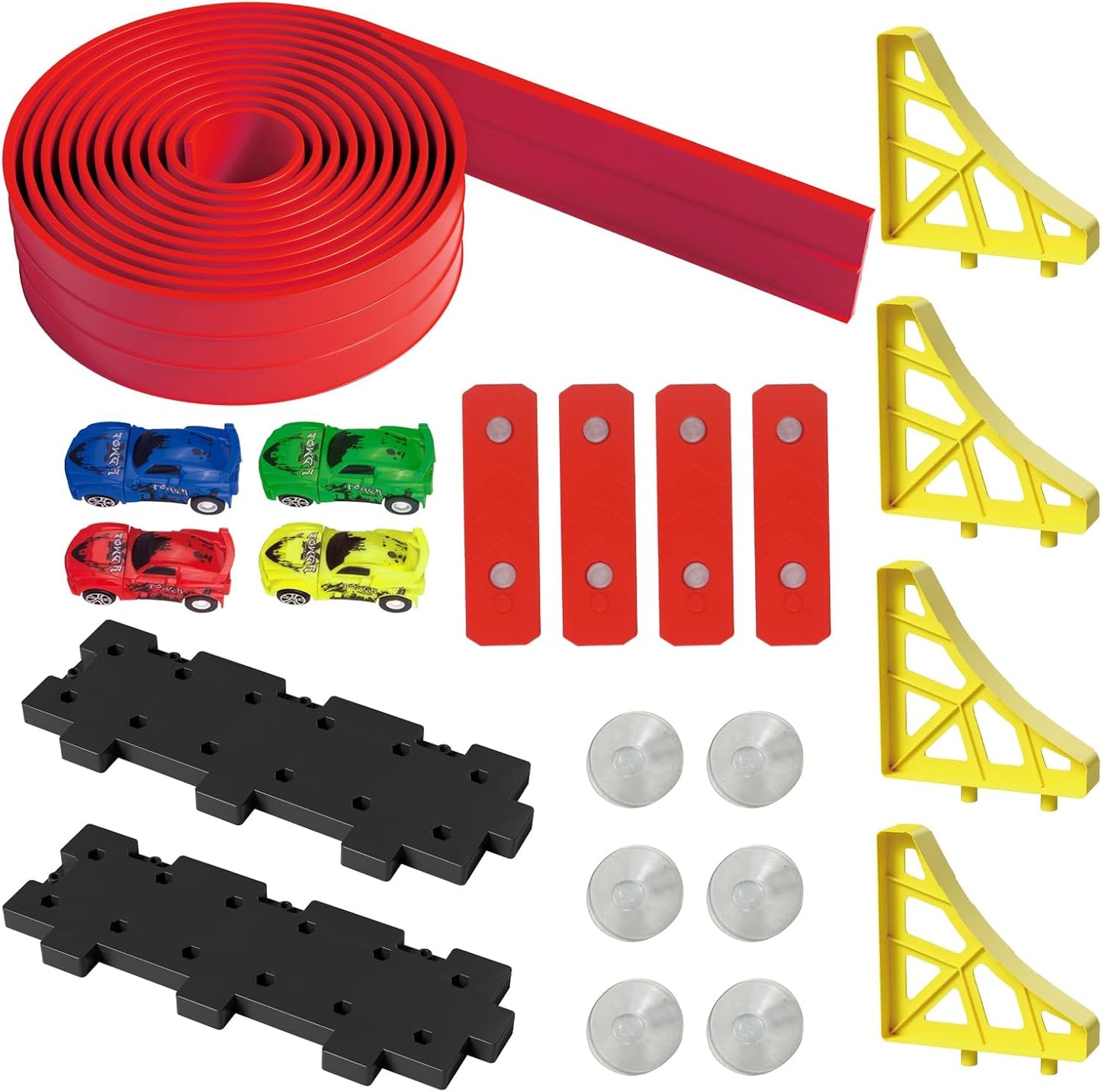 16.5ft Build Anywhere Portable Race Track with Suction Cups - Flexible Roll-Up Design Fits 1/64 Scale Cars, Portable Toy Gift for Kids 4+ Year Old (3 Tracks/Red)