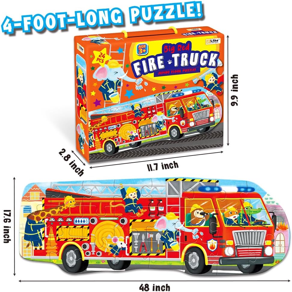 Big Red Fire Truck 4-Foot Long Jumbo Floor Puzzle - 24 Extra-Large Pieces, Fun Educational Toy for Kids Ages 3+, Durable & Easy to Assemble