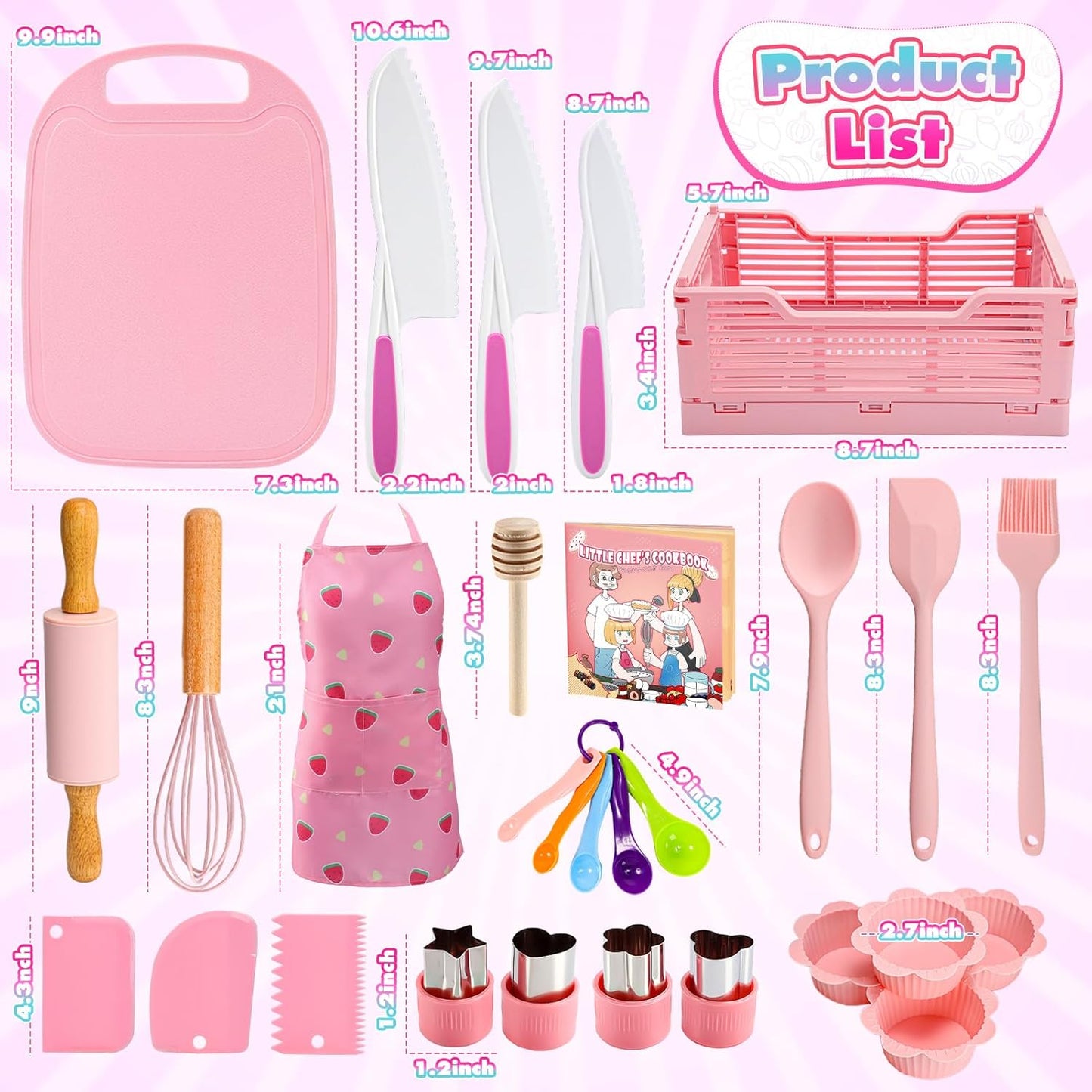 Kids Baking Cooking Set Real & Toddler Kid Apron, Kids Knife Set for Real Cooking & Basket,Food-Grade Material,Montessori Toddler Kitchen Tools, Christmas Birthday Gift for 3-10 Year Old Girls Boys