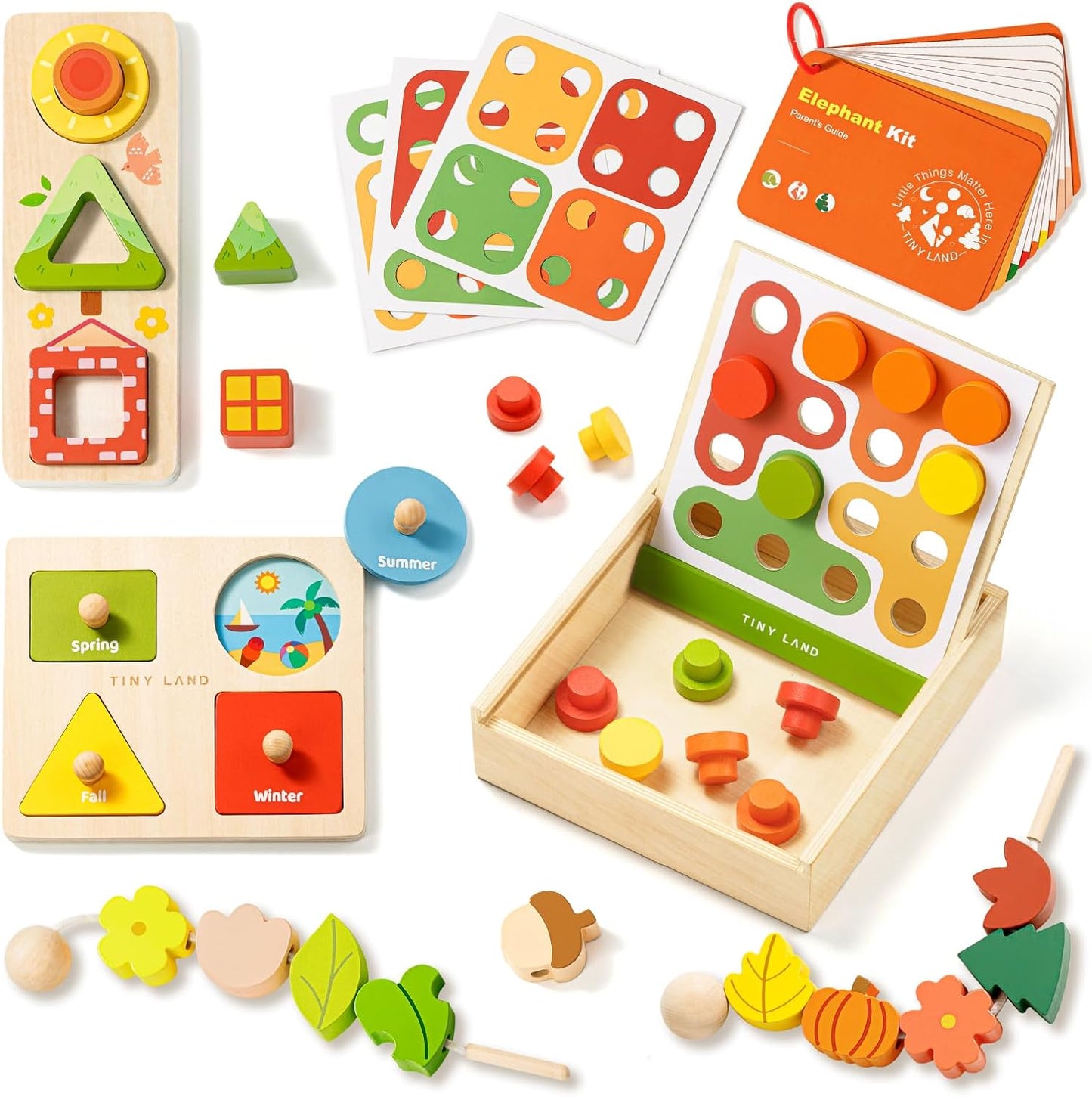 Tiny Land Montessori Toy Set for Babies 7-9 Months Senser Play Kit - 5-in-1 Wooden Learning Toys with Object Permanence Box, Sensory Ball, Stacking Cups and Mirror Puzzle,Body Board Book