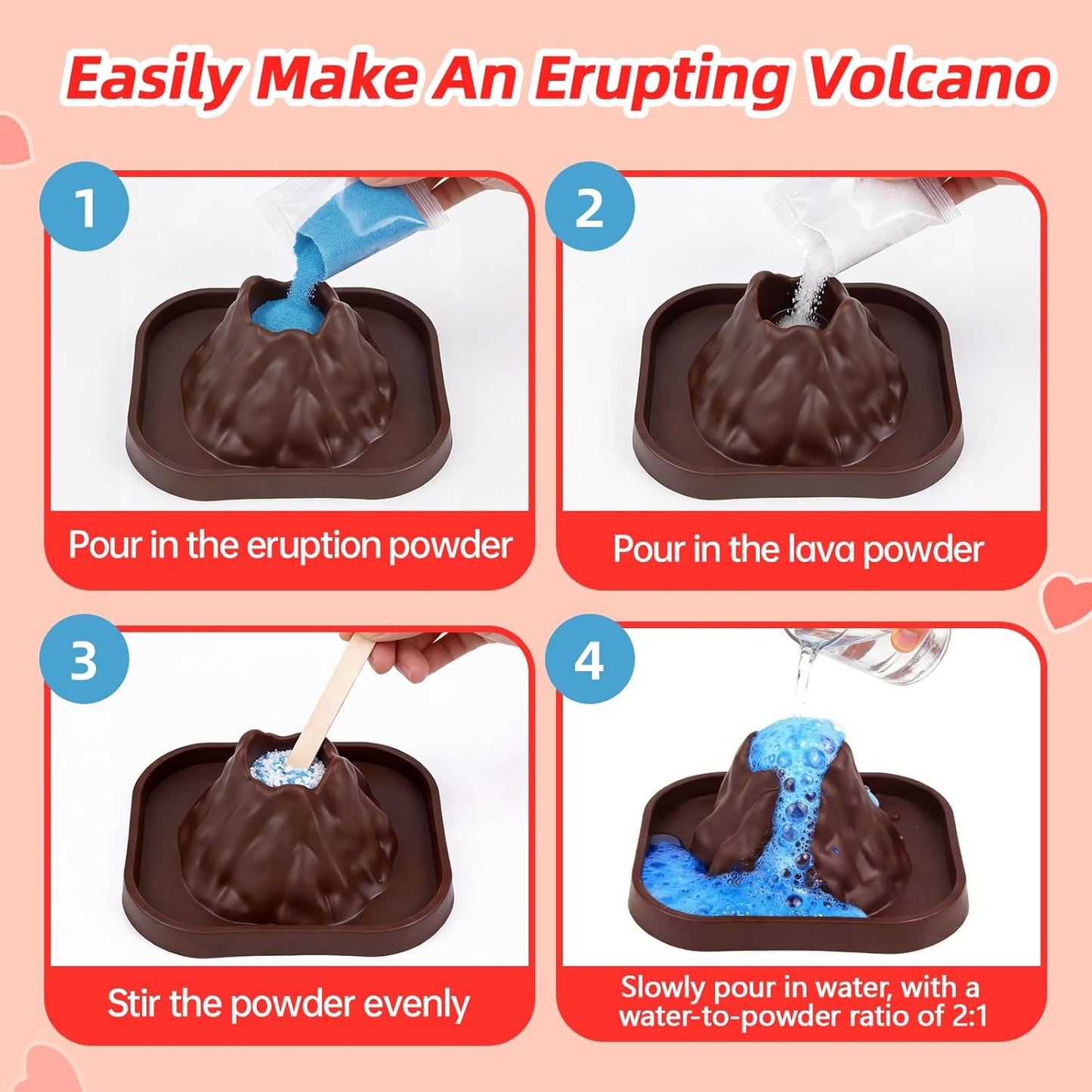 Valentines Day Gifts for Kids Classroom: 24 Pack Erupting Volcano Science Kit with Cards, 4 Lava Colors, STEM Educational Toys for Boys Girls Classroom Exchange Gifts Prizes School Party Favors