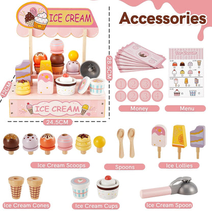 HERSITY Wooden Ice Cream Counter Pretend Play Food for Toddlers 3-5, Ice Cream Shop Stand Popsicle Toy Set Gifts for 3+ 4 5 6 Year Old Girls Boys, Pink