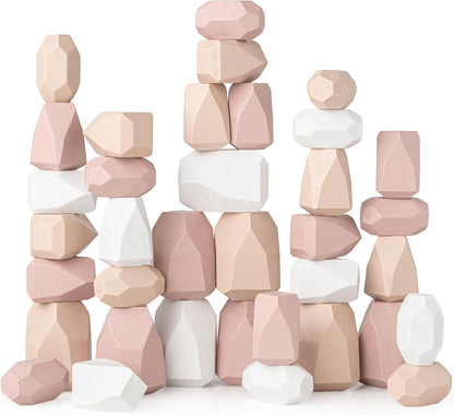 Comfy Cubs Stacking Rocks 36 Pieces, 36 Months+, Educational Toddler Stacking Blocks, Promotes Imagination, Balance & Fine Motor Skills - Wooden Rocks Sensory Toys Gift for Kid, Neutral Pack