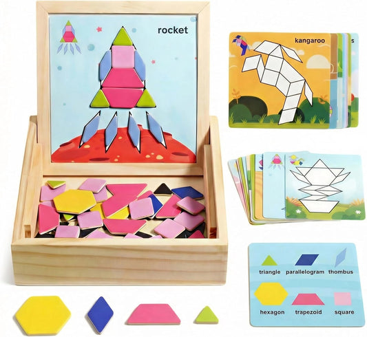 Magnetic Pattern Blocks Set, 75 Pcs Wooden Montessori Jigsaw Puzzles for Kids Ages 3-8, Geometric Shape Tangram with 60 Patterns & Storage Box, Travel STEM Toy Fridge Magnets Gift