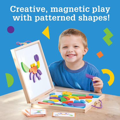 MindWare Imagination Magnets Wooden Pattern Blocks Set - Imaginative Play with magentic Shapes in a Carrying case - 42 Magnetic Solid Wooden Blocks, 50 Full-Color Laminated Puzzles