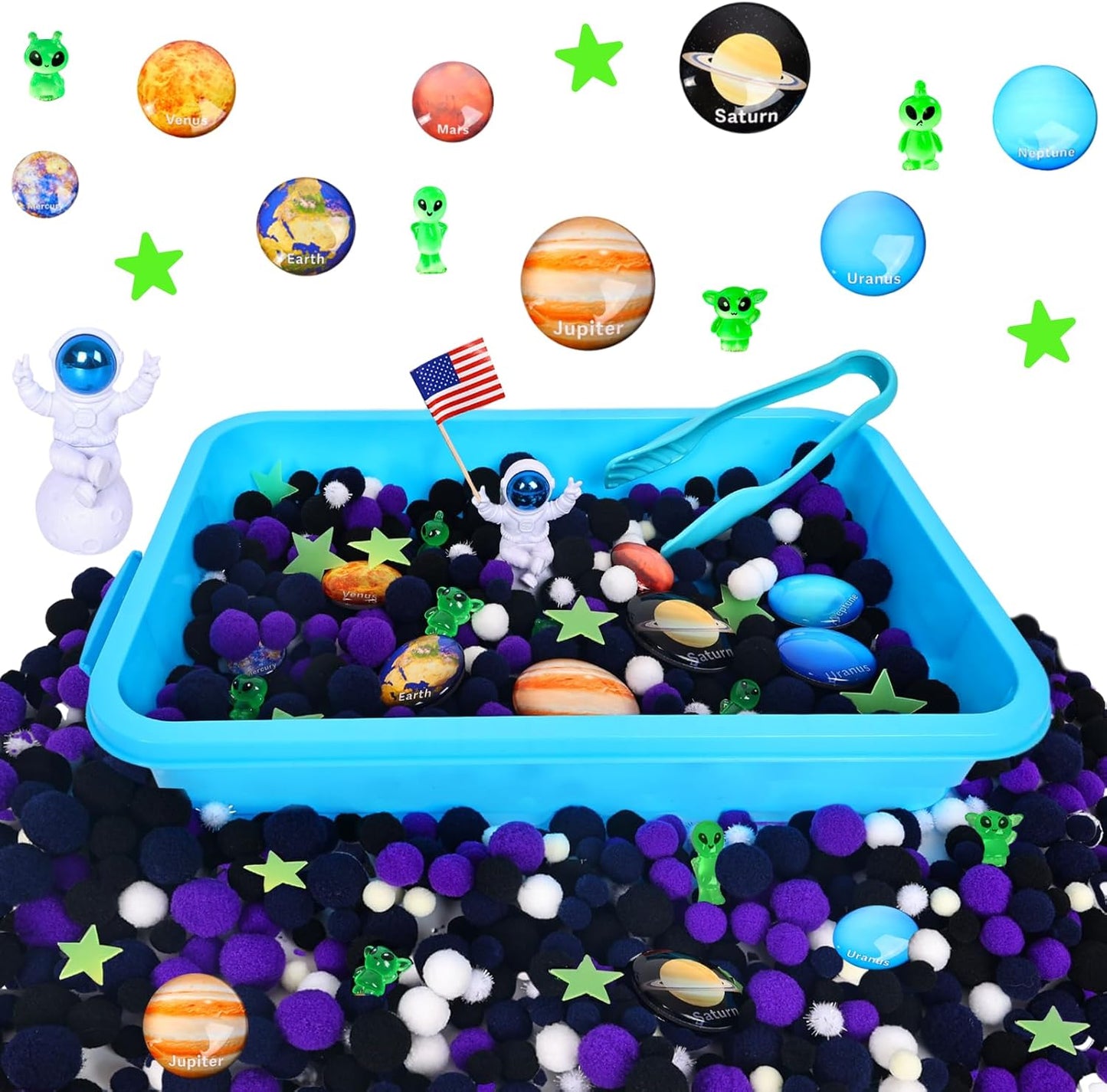 Space Sensory Bin for Toddler, Science Themed with 8 Planets & Star Map, No-Mess Soft Pom Poms for Preschool Learning, Gifts for Boys Girls Age 3 4 5 6+
