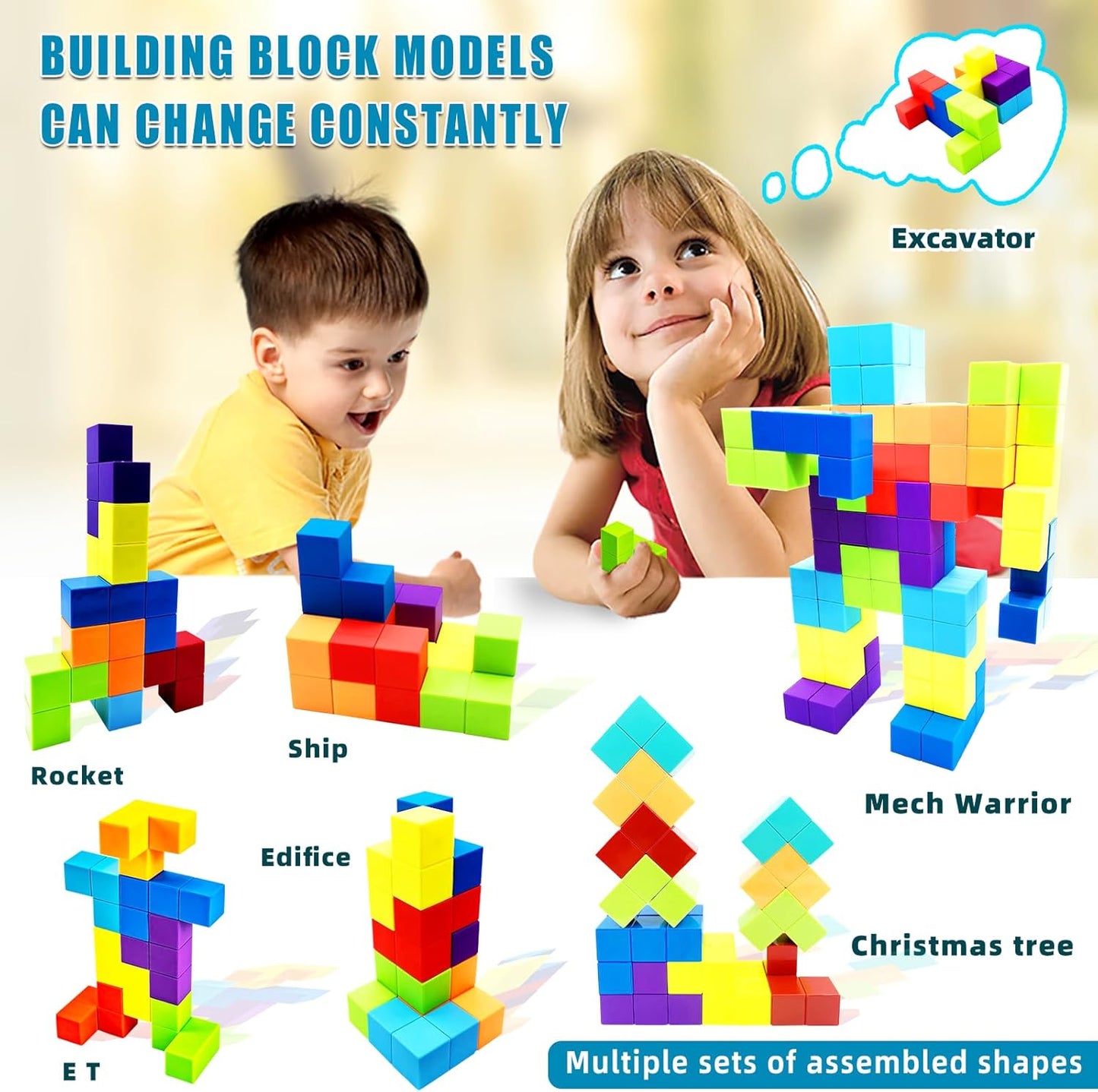 Magnetic Building Blocks Magic Magnetic 3D Puzzle Cubes, Set of 7 Multi Shapes Magnetics Blocks with 54 Guide Cards, Children's Educational Toys and Stress Relief Fidget Toys for Kids Adults