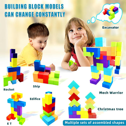 Magnetic Building Blocks Magic Magnetic 3D Puzzle Cubes, Set of 7 Multi Shapes Magnetics Blocks with 54 Guide Cards, Children's Educational Toys and Stress Relief Fidget Toys for Kids Adults