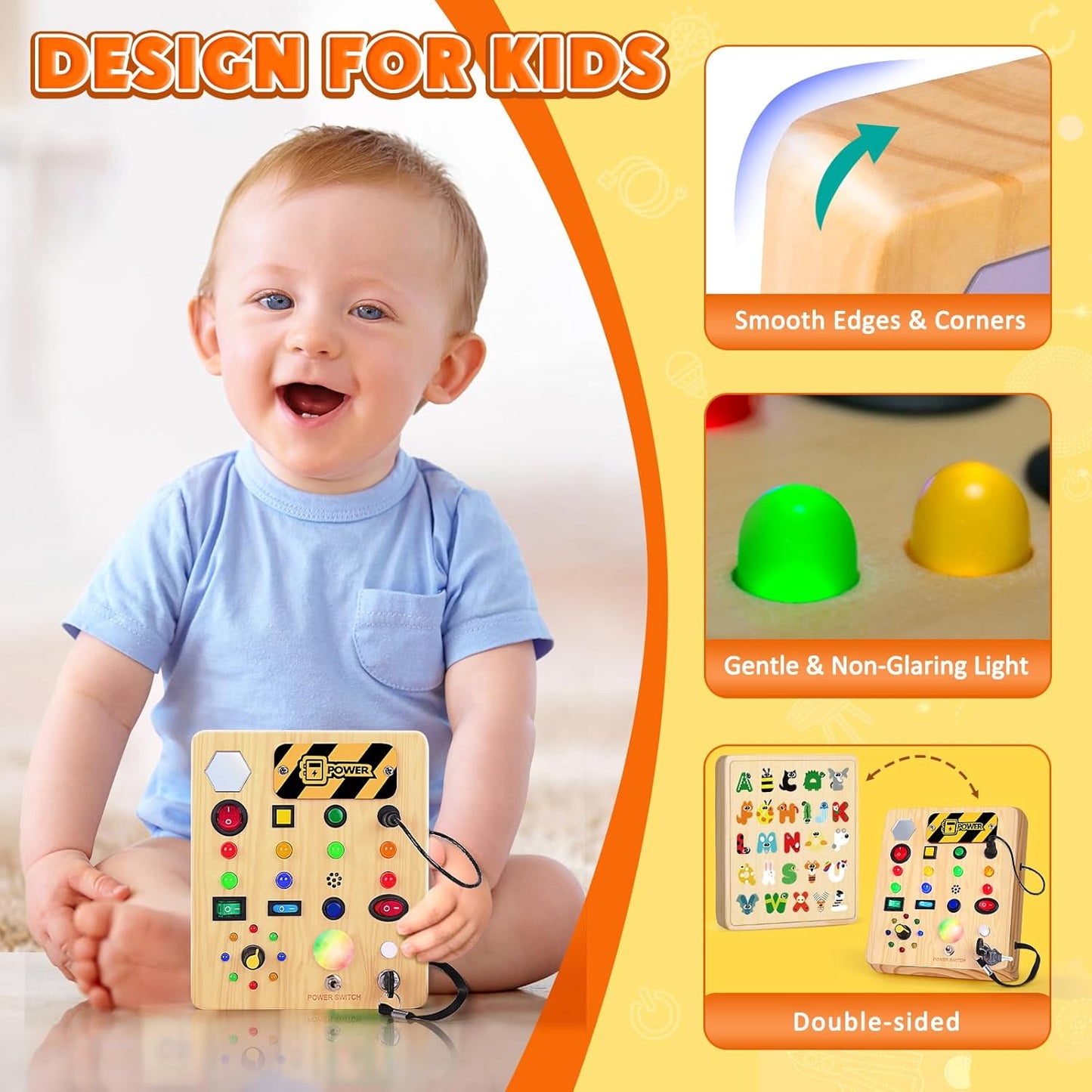 TINTECUSA Busy Board Montessori Toys for Toddler, Wooden Sensory Board Switch Toy with Shape Sorter LED Light Up Toys Educational Plane Travel Activity for Girls & Boys