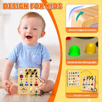 TINTECUSA Busy Board Montessori Toys for Toddler, Wooden Sensory Board Switch Toy with Shape Sorter LED Light Up Toys Educational Plane Travel Activity for Girls & Boys