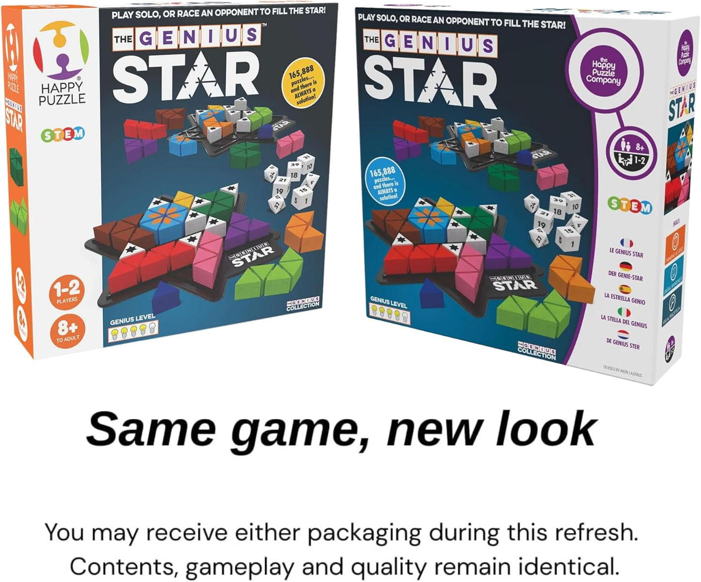 The Happy Puzzle Company The Genius Star | Toy of The Year Award Winning Family Board Game | 165,888 Possible Puzzles | Filling in Colored Shapes | Blockers to Complete A Star | Golden Star Twist