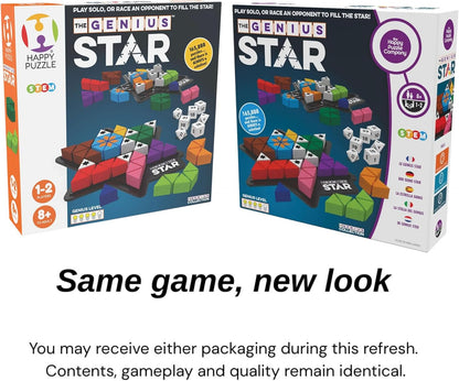The Happy Puzzle Company The Genius Star | Toy of The Year Award Winning Family Board Game | 165,888 Possible Puzzles | Filling in Colored Shapes | Blockers to Complete A Star | Golden Star Twist