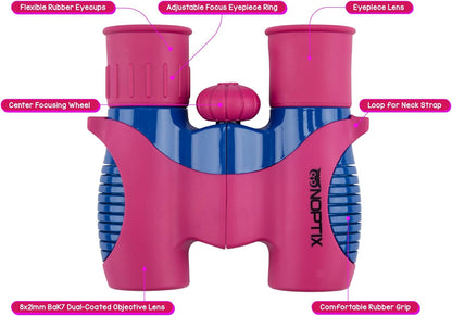 Binoculars for Kids, Girls or Boys Real Kids Binoculars in Vibrant Green Blue - Includes Sticker Book with 40 Bird Species - Small Toys for Toddlers