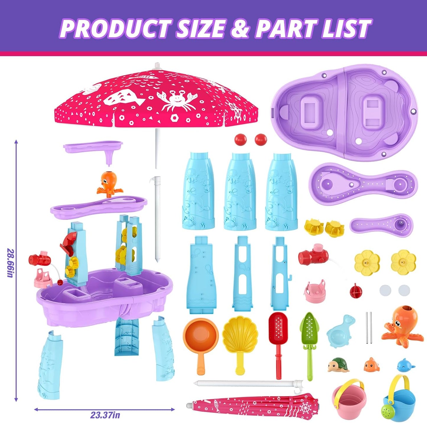 Wee Wonders 3-Tier Water Table for Toddlers, Kids Sand Water Table with Adjustable Umbrella, Sand Toys & Fishing Game, Sensory Table Activity Playset for Outdoor Beach, Summer Toys for Girls Boys 3-5