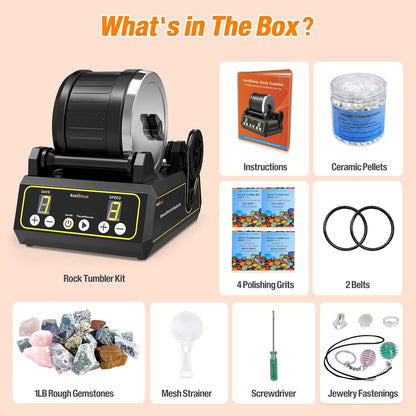 C1 Rock Tumbler Kit - Large 2.5LB Rotary Rock Tumbler for Adults & Hobbyists, Quiet Rubber Barrel, Adjustable Timer & Speed, Complete Gem Polishing Kit with Memory Function