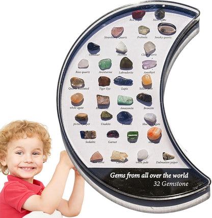 Rock Crystal Collection Box Crescent Moon Shaped, 32 Types Mineral Rock Collection Kit, For Kids Nature Science Education, Enhance Parent Child Interaction, 3.14x5.9in