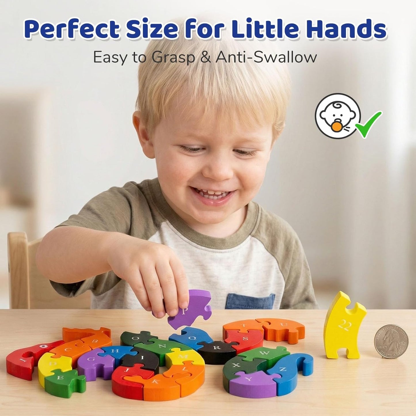 LovesTown Wooden Puzzles for Kids, Double Sided Giraffe Jigsaw with Alphabet & Numbers, Montessori Educational Toy for Toddlers, Chunky Animal Gift