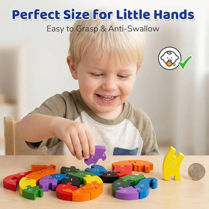 LovesTown Wooden Puzzles for Kids, Double Sided Giraffe Jigsaw with Alphabet & Numbers, Montessori Educational Toy for Toddlers, Chunky Animal Gift