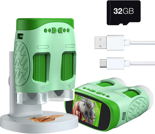 Digital Microscope for Kids, 3-in-1 2" IPS Screen Handheld Electronic Microscope Telescope Digital Camera, 800X Zoom, Taking Videos and Pictures, Adjustable LED Light, 32GB Card Included