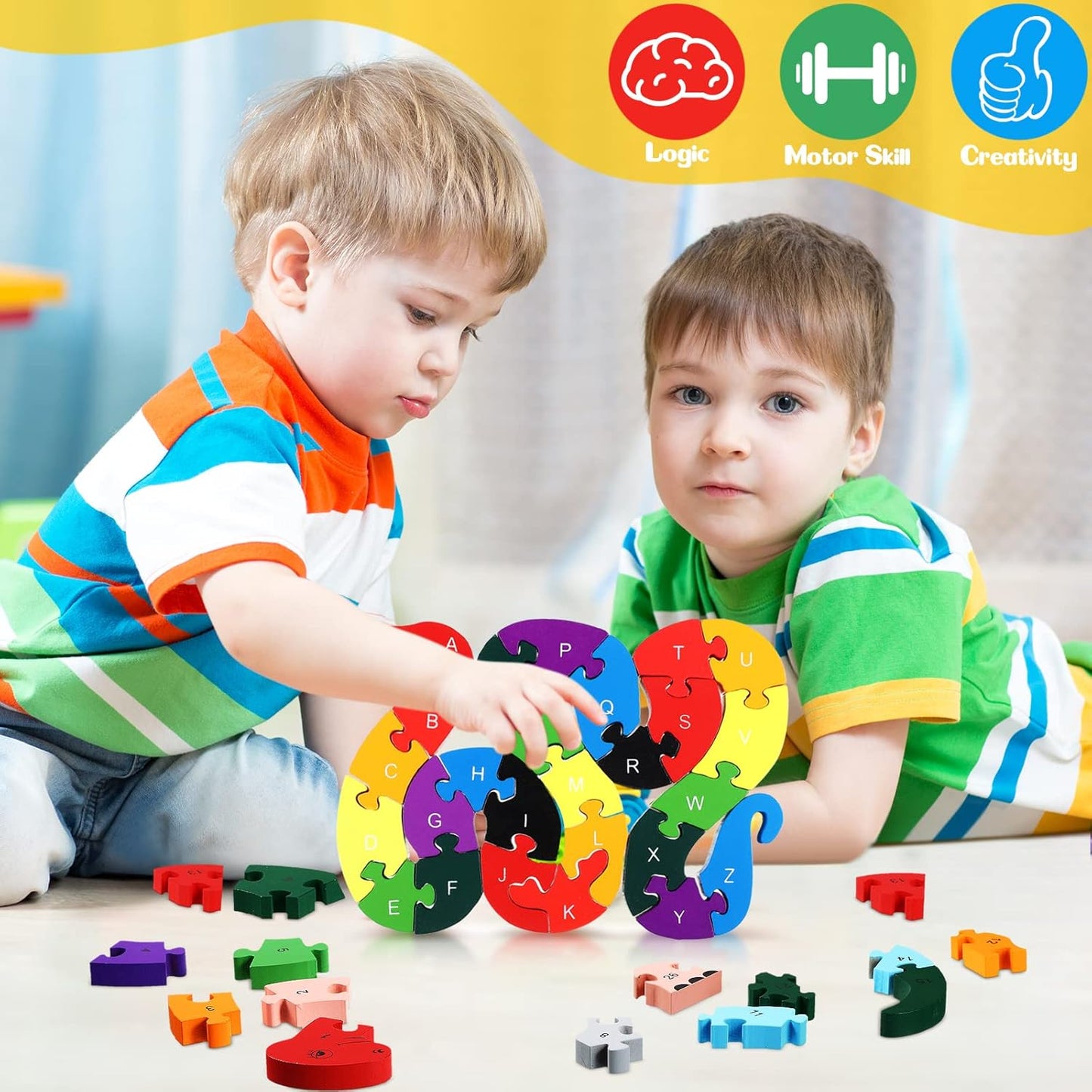 Yunsailing 4 Pcs Alphabet Jigsaw Puzzle Wooden Blocks Toys Alphabet Educational Toddler Puzzle Toys for Preschool Learning Party Favor Gift Learning (Snake, Snail, Duck, Leopard)