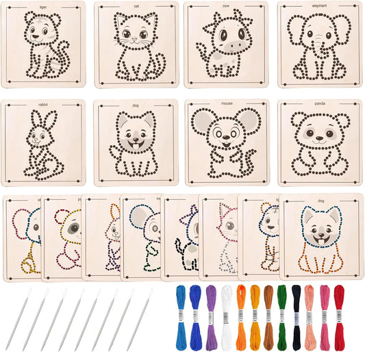 Ukontagood 16 Pack Montessori Wooden Lacing Toys, Sewing Kit Fine Motor Skill Busy Board, Sewing Lacing Weaving Wooden Boards for Toddlers and Kids