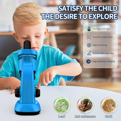 Microscope for Kids Scientific Experiment Kit 40X-1600X Magnification LED Light Educational STEM Kit with Slides and Lab Tools (Blue)