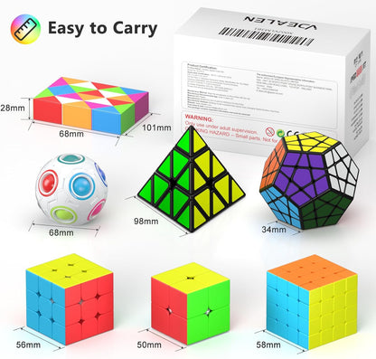 Vdealen Speed Cube Set, 7 Pack Puzzle Cube Bundle Fidget Ball 2x2 3x3 4x4 Pyramid Dodecahedron Rainbow Snake Magic Cube, Smooth Cube Game Toys Gift for Kids & Adults