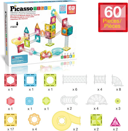 PicassoTiles Marble Run 60 Piece Race Track Magnetic Tiles Magnet Building Block Educational Construction Toy Set Playset STEM Learning Kit Child Brain Development HandEye Coordination Training PTG60