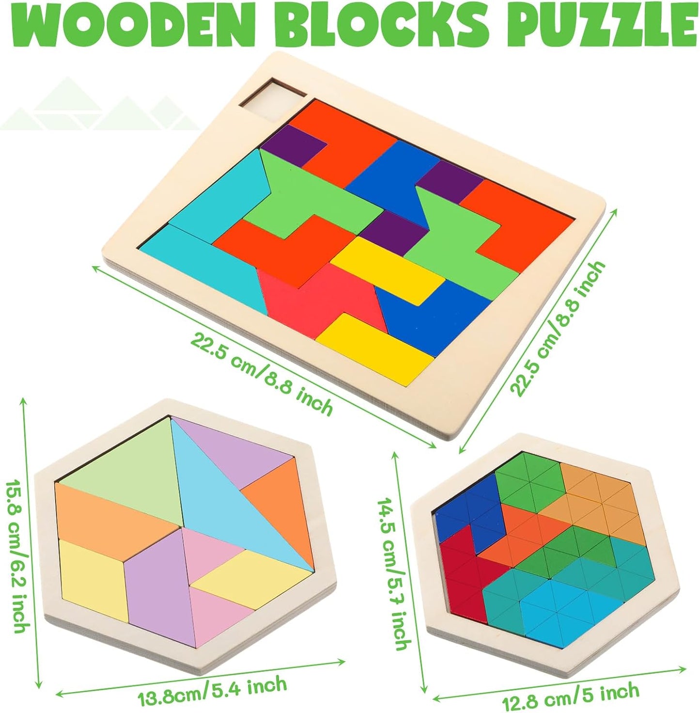 Yunsailing 3 Pack Large Hexagon Tangram Puzzle Wooden Brain Puzzles for Adult Challenge Wood Russian Blocks Brain Teasers Geometric Jigsaw Block Logic Iq Stem Family Graduation Gifts(Vintage)