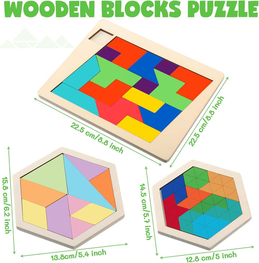Yunsailing 3 Pack Large Hexagon Tangram Puzzle Wooden Brain Puzzles for Adult Challenge Wood Russian Blocks Brain Teasers Geometric Jigsaw Block Logic Iq Stem Family Graduation Gifts(Vintage)