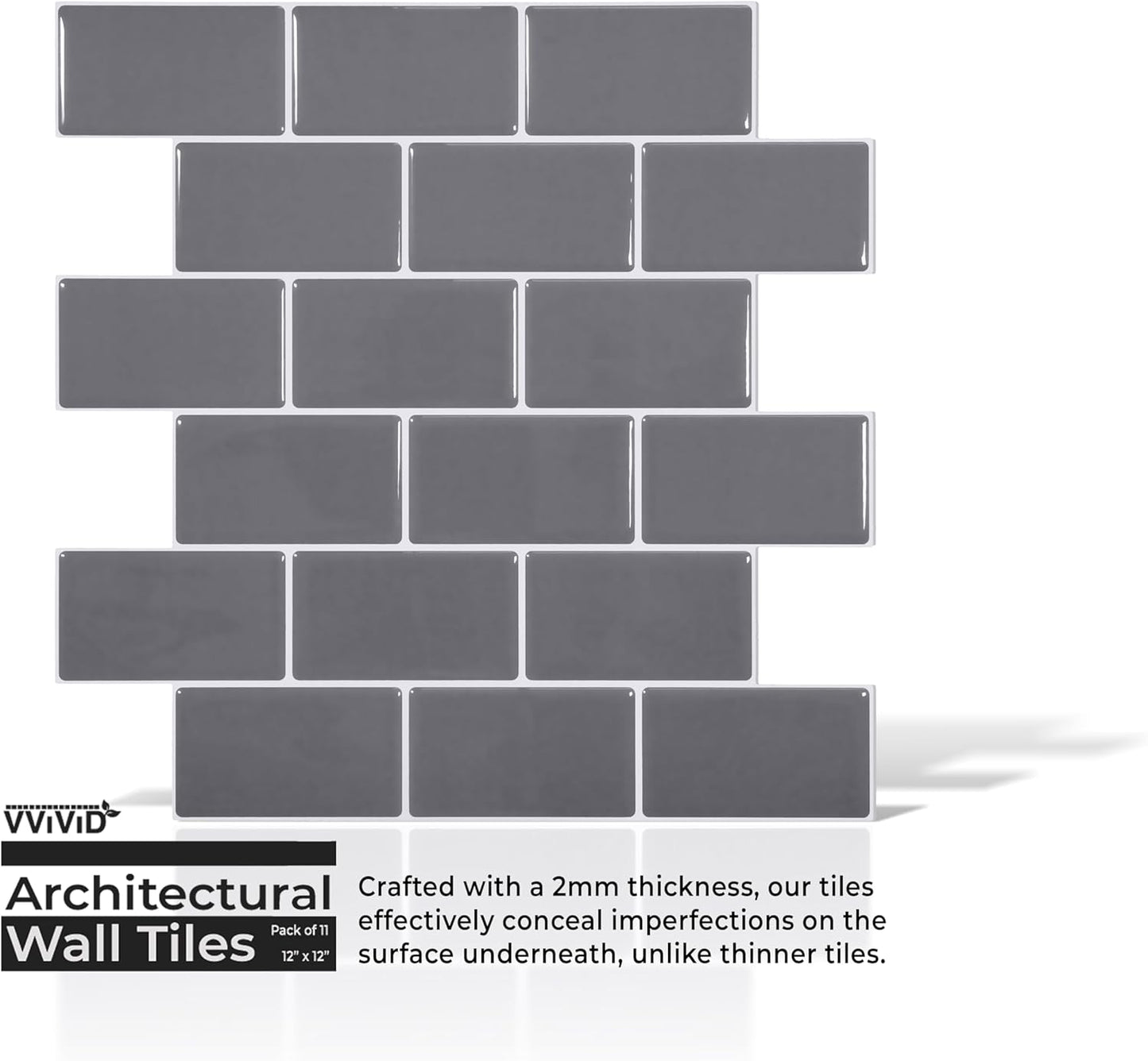 VViViD 11 Sheets Peel and Stick Grey Gloss Faux Ceramic Brick Wall Tiles, Self Adhesive Backsplash 12”x12”, 2mm Thick Kitchen, Bathroom (11 sq. ft.)