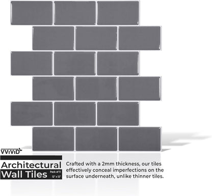 VViViD 11 Sheets Peel and Stick Grey Gloss Faux Ceramic Brick Wall Tiles, Self Adhesive Backsplash 12”x12”, 2mm Thick Kitchen, Bathroom (11 sq. ft.)