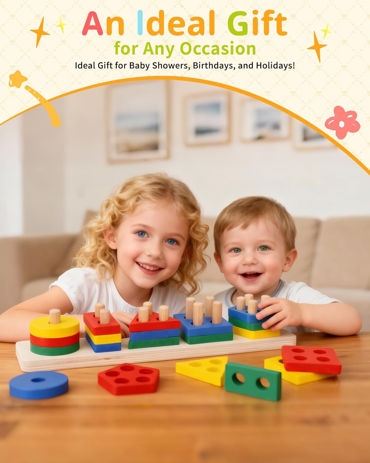Montessori Wooden Threading Beads Set for Toddlers 3 4 5, Bead Sequencing & Stacking Toy with Pattern Cards, Lacing Beads, Shape Matching Stacker, Fine Motor STEM Learning Gift