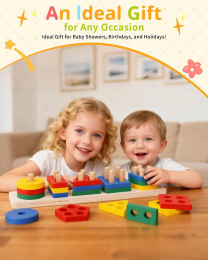 Montessori Wooden Threading Beads Set for Toddlers 3 4 5, Bead Sequencing & Stacking Toy with Pattern Cards, Lacing Beads, Shape Matching Stacker, Fine Motor STEM Learning Gift