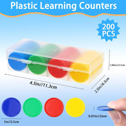 200pcs Math Counters,1 Inch Bingo Chips,4 Colors with Storage Box Plastic Poker Chips,for Education,Math Counters,Round Game
