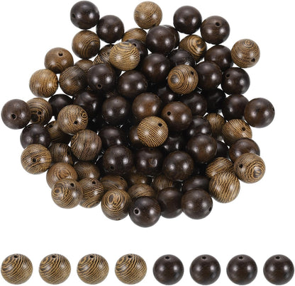 HARFINGTON 200pcs Round Wooden Beads, 10mm Dia Small Wood Beads for DIY Crafts, Bracelet, Wristlet, Necklace, Jewelry Making, Khaki Brown&Black