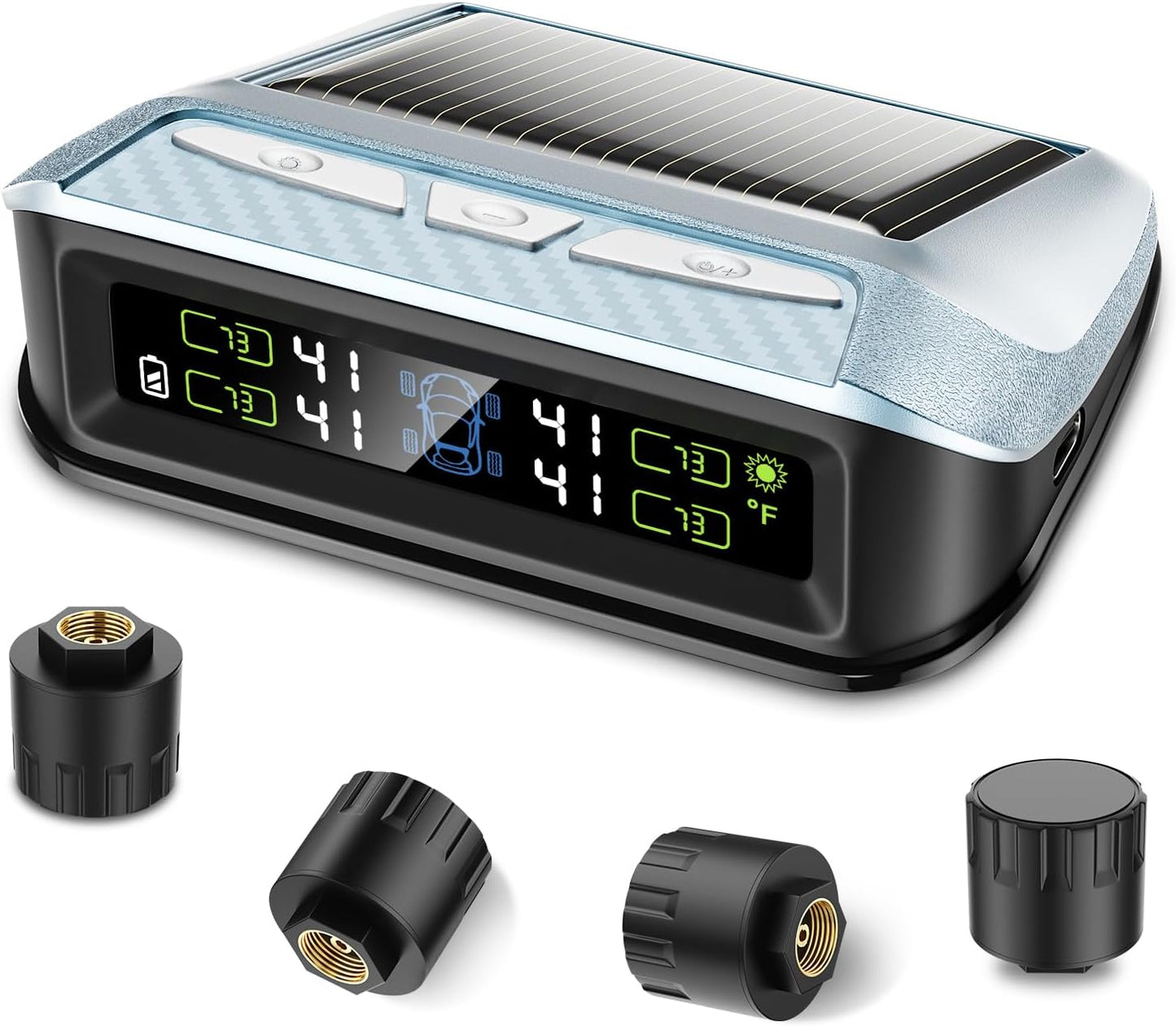 Tire Pressure Monitoring System, Solar RV TPMS Sensors Set of 4 (0-99 PSI), Tire Pressure Monitor with 6 Alerts for Car/Trailer/Truck/Camper/5th Wheel/Motor Home,Quick Setup