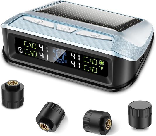 Tire Pressure Monitoring System, Solar RV TPMS Sensors Set of 4 (0-99 PSI), Tire Pressure Monitor with 6 Alerts for Car/Trailer/Truck/Camper/5th Wheel/Motor Home,Quick Setup