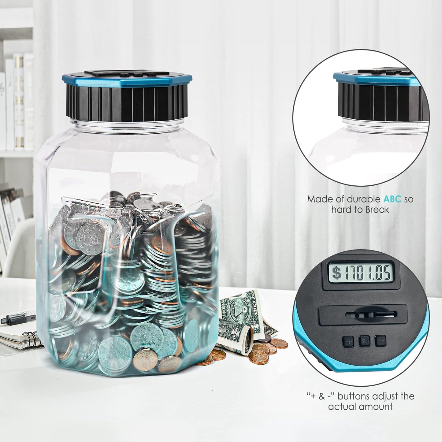 X-Large Piggy Bank for Adults Kids, Vcertcpl Digital Coin Counting Bank with LCD Counter, 2.4L Capacity, Great Coin Counter Bank Money Counting Jar with Total Amount Displayed (Silver, X-Large)