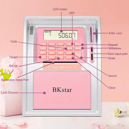 BKstar Kids Talking ATM Piggy Bank for Real Money with Dual Debit Cards, Power-Off Memory, Auto-Opening Drawer, Onekey Shutdown, Bill Feeder, Coin Recognition, Balance Calculator Machine